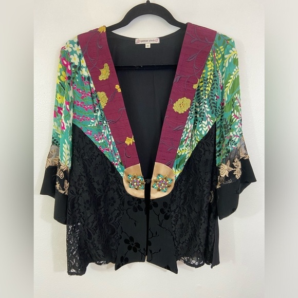 Spencer Alexis Kimono Jacket Silk Patchwork Metallic Lace Women’s M Boho Artsy - Picture 1 of 14